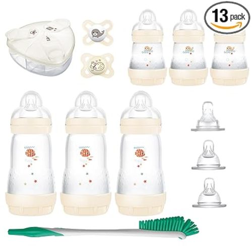 MAM Newborn Essentials Anti-Colic Baby Bottle & Pacifier Set 6 Easy Start Bottles (5oz & 9oz) 8 SkinSoft Nipples (Slow–X-Fast Flow) | Self-Sterilizing, Glow in The Dark Pacifiers & Brush