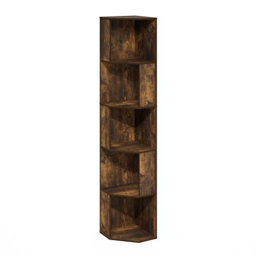 Furinno ECON Corner Shelf, 5-Tier Corner Book Shelf, Storage Shelves, Display Rack, Bookshelf, for Organization and Storage, Living Room, Home Office, Amber Oak