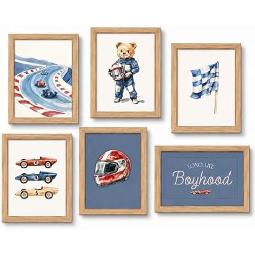 Set of 6 Nursery Race Car Wall Art Vintage Boys Room Wall Decor Navy Blue Vehicle Pictures Teddy Bear Poster Prints Racing Car Art for Boys Bedroom Playroom Home Decoration 12x16Inch Unframed