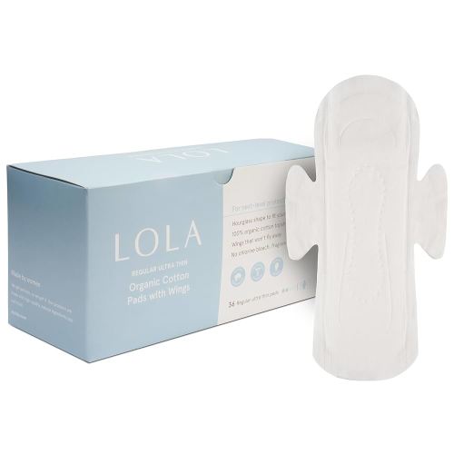 LOLA Organic Cotton Pads, 36 Count - Ultra Thin Pad with Wings, Cotton Organic Pads for Women, HSA FSA Approved Products Feminine Care, Regular