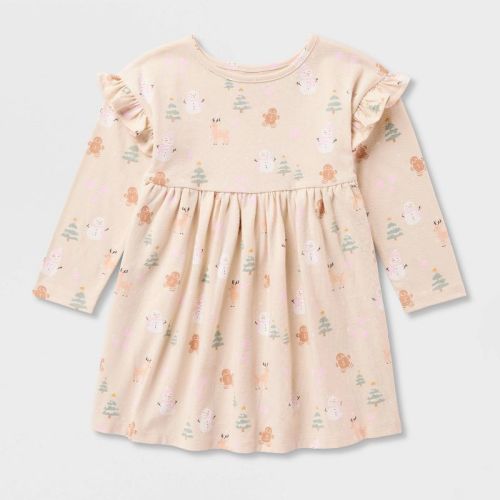 Baby Girls' Holiday Snowman Print Long Sleeve Dress - Cat & Jack™ Cream 18M