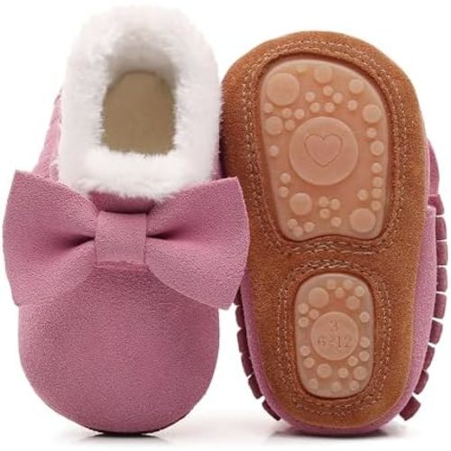 HONGTEYA Baby Moccasins with Fur Fleece Rubber Soles Warm Snow Boots Leather Baby Shoes for Boys Girls…