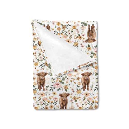 HawSkgFub Boho Highland Cow Floral Baby Blanket Girl Shower Gift, Pink Western Animal Yak Flower Flannel Fleece Nursery Bed Receiving Swaddle, Soft Newborn Infant Toddler Cowgirl Crib Bedding 30 x 40
