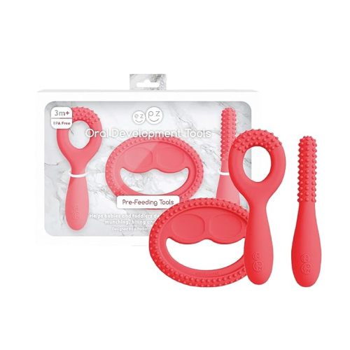 ezpz Oral Development Tools (3 Pack in Coral) - 3 Months+ - Non-Slip Loop, Smile and Stick 100% Silicone Tools - Prepare for Chewing + Solids - Baby-Led Weaning Supplies
