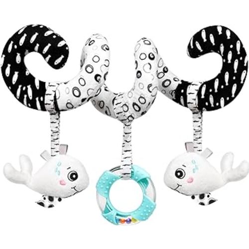 Baby Spiral Hanging Stroller and Car Seat Toys Black and White High Contrast Sensory Toy Newborn Plush Activity Toys Thank You Gifts for 0 3 6 9 12 Months Girls Boys-Whale