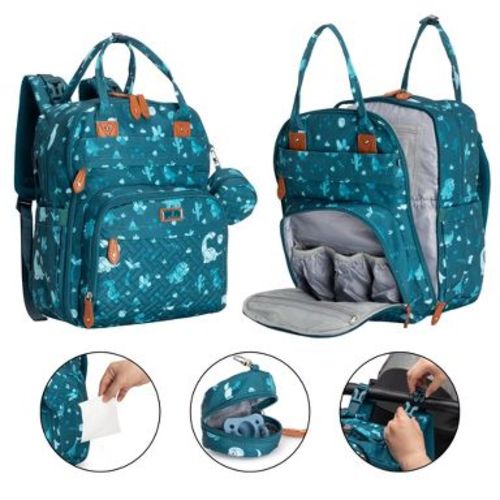 BabbleRoo Diaper Bag Backpack Stylish 26L Hands Free Baby Bag with Changing Pad, Stroller Straps & Water-Resistant Pañaleras, Dino, Large