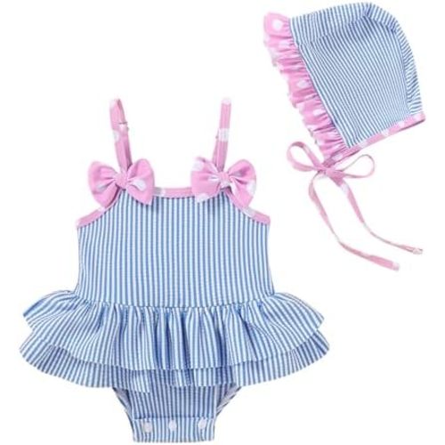 YOUNGER TREE Baby Girls Swimsuit One Piece Swimwear Ruffled Infant Swimsuit Floral Print Bathing Suit with Hat