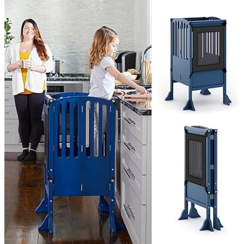 Guidecraft Contemporary Kitchen Helper® Stool - Royal Navy: Folding Toddler Safety Tower wither 2 Keepers and Non-Slip Mat, Adjustable Height Step Stool for Little Helpers, Kids Learning Furniture