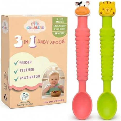 3-in-1 Silicone Baby Spoon Self Feeding 6+ Months - Pediatric OT Designed Teether Spoon, BPA Free Toddler Utensils, Mess-Free, Fun for Baby Led Weaning Supplies, Cow & Tiger