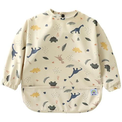 ARI MES Waterproof Long Sleeve Baby Bib for Eating-Dinosaur Pattern, Small-Toddler Smock with Catch-All Pocket, BPA Free, Machine Washable, Wearable Feeding Bib for Boys & Girls 6-72 Months