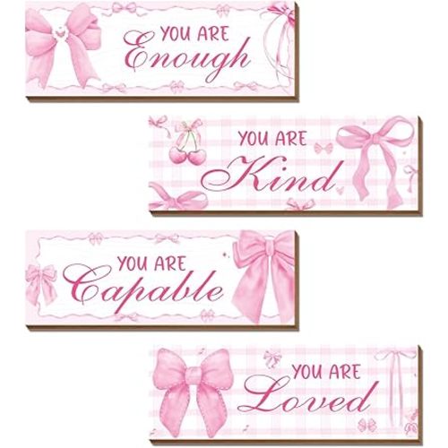 4 Pcs Pink Bow Wall Decor, Pink Room Decor for Teen Girls, Inspirational Positive Affirmations Wooden Wall Art Decor, Coquete Wall Hanging Signs for Bathroom Apartment