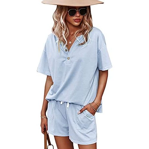 CORSKI Women's Short Sleeve Sweatsuit Sets Lounge 2 Piece V Neck Tracksuit Casual Loose Fit Outfits