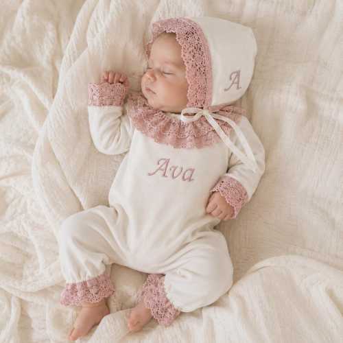 Pink Lace Personalized Baby Romper, Custom Embroidered Newborn Girl Outfit, Ruffle Heirloom Coming Home Clothes,