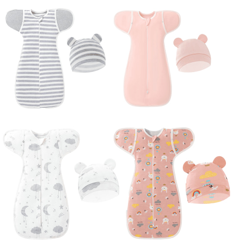 Yoyauz Two-Piece Set Of Swaddling Bags And Hats With Arms Up Semi-Full Cuffs, Newborns Transition To Baby Sleeping Bags Wearable Blankets