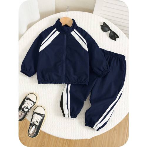 SHEIN Thickened Workwear Style Black Stand Collar Jacket Long Sleeve Sweatshirt And Black Jogger Pants Set, Comfortable Versatile Casual Fashion Daily Sporty Minimalist All-Match Style, Suitable For Indoor, Outdoor Skiing, Daily, Sports, Parties, Photogra