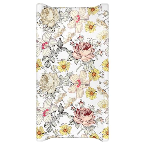 Changing Pad Cover, Diaper Baby Changing Table Covers for Girls & Boys, HNHUAMING Soft Fitted Changing Mat Cover Stretchy Nursery Changing Pad Sheets, Floral (32 X 16 Inches)