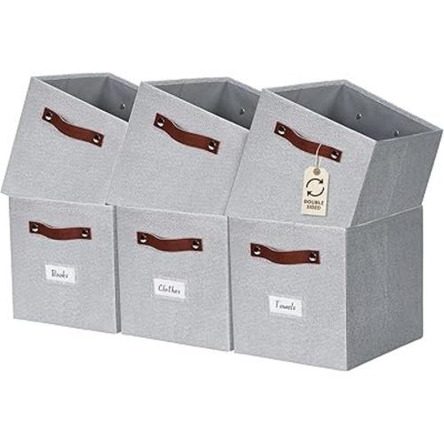 DECOMOMO Storage Bins, Cube Storage Bin with Labels, Fabric Storage Cubes for Shelves (11" / 6pcs, Light Texture Grey)