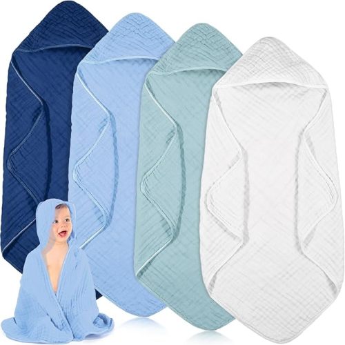 Peryiter 4 Pcs Muslin Hooded Baby Towels 32x32inch Cotton Newborn Bath Essentials Muslin Infant Blankets Absorbent Registry Baby Shower Present for Babies Girl Boy Kids (Blue Series)