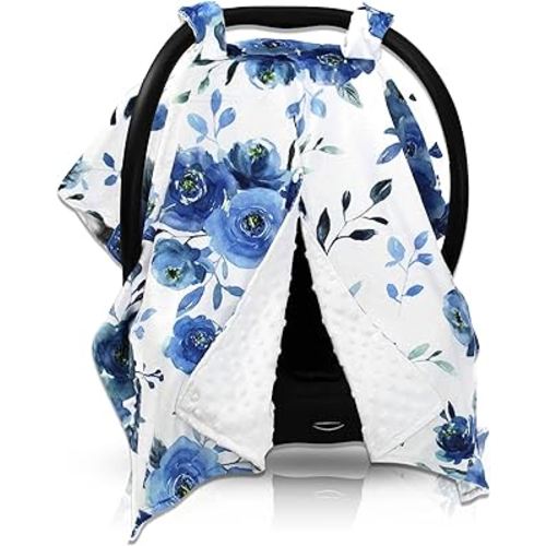 Dear Baby Gear Car Seat Cover for Boys & Girls - Baby Carseat Canopy w/Snap Opening - Infant Seat Cover - Stroller & Nursing Covers - Newborn Carrier Canopy - 40x30"(Blue Watercolor Roses, White Dot)
