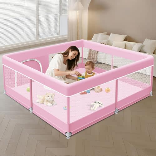 Baby Playpen 50 x 50 Inch Play Pen Playards, Playpen for Babies and Toddlers, Baby Playard for Indoor & Outdoor Active Center Game Fence, with Skin-Friendly Fabric and Soft Breathable Mesh Pink