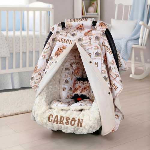 (Stetson) Personalized Coyotes Baby Car Seat 5pc Set - Embroidered Minky Liner - Baby Boy Car Seat Accessories - Head & Body Support Insert