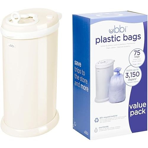 Ubbi Steel Odor Locking Diaper Pail + Disposable Pail Bags Value Pack