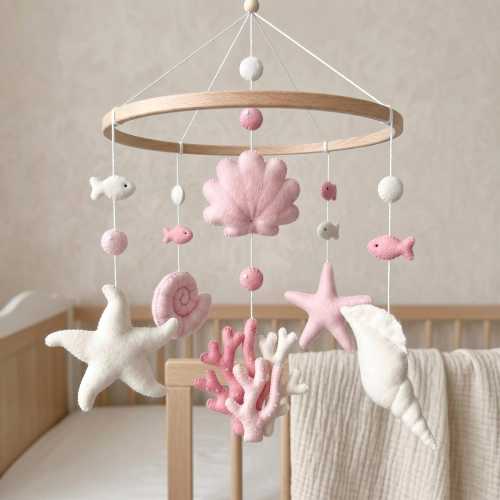 Ocean Seashell Baby Mobile, Custom Under the Sea Nursery Decor, Felt Pink Coral Crib Mobile, Starfish Shell Theme, Newborn Baby Shower Gift