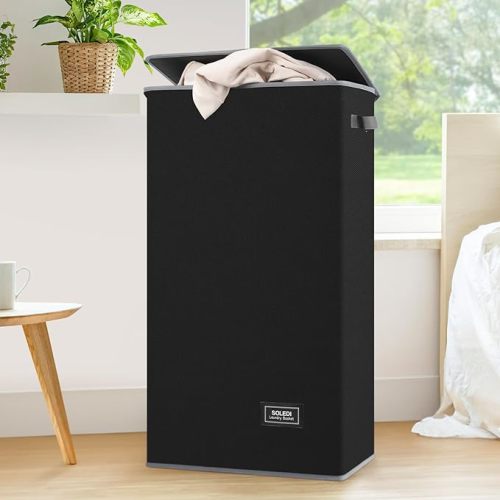 SOLEDI Laundry Hamper Black with Lid and Removable Bag - 100L Large and Tall Laundry Basket Collapsible with Handle for Clothing and Toys Storage - Dirty Clothes Hamper for Bedroom, bathroom, dorm