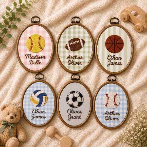 Personalized Sports Ball Needle Felt Hoop, Custom Name Embroidery Hoop, Kids Nursery Wall Decor, Sport Nursery Gift,Baseball Football Soccer