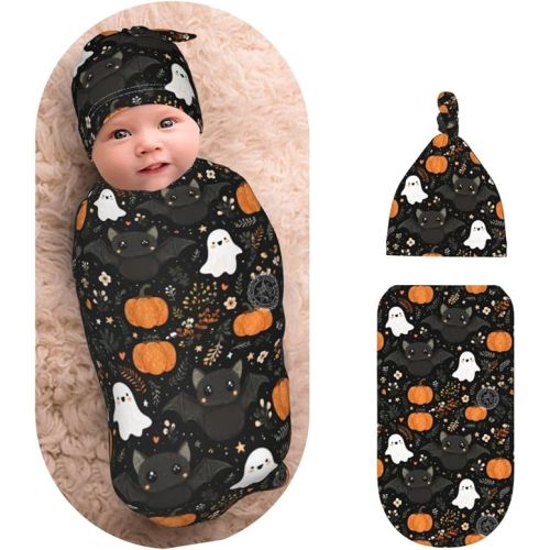 Cartoon Halloween Pumpkins and Ghosts Newborns Beanie Swaddle Blanket Set Baby Receiving Blankets for 0-6m Infant Boy Girl Swaddle Blankets Wrap Soft