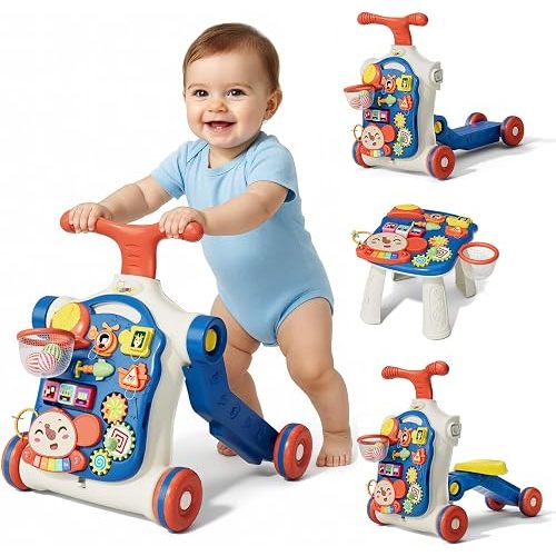 QDRAGON 5 in 1 Push Walkers for Baby Boys, Toddler Learning to Walk, Sit to Stand Walker, Early Learning Push Toy for Infant 12+ Months, Navy Blue