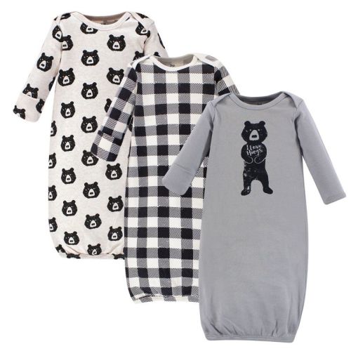 Yoga Sprout Baby Boys Cotton Long-Sleeve Gowns 3pk, Bear Hugs, 0-6 Months