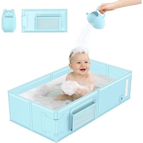 Portable Baby Bathtub,Collapsible Bathtub with Cat-Patterned Bath Rinse Cup, & Foldable Bath Tub for Small Bathroom,Toddler Tub for 6M-5Y,Baby Travel Essentials for Hotel,Camping & Beach