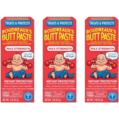 Boudreaux's Butt Paste Maximum Strength Diaper Rash Cream, Ointment for Baby, 2 oz Tube, 3 Pack