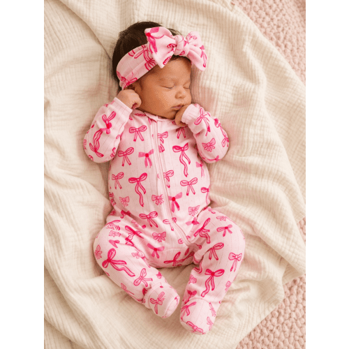 Pink Bows / Organic Pointelle 2-Way Zip Footie