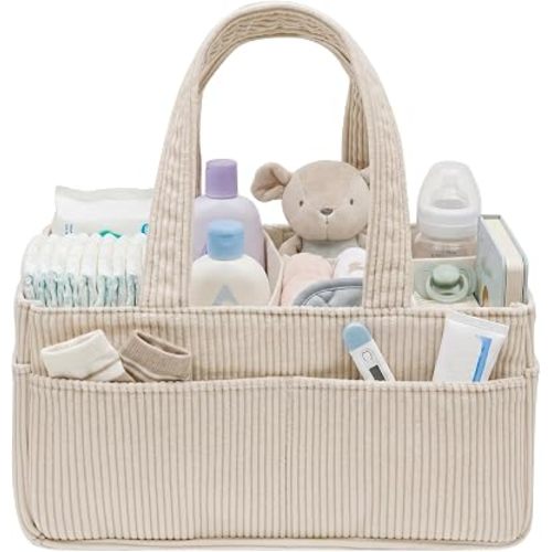 Baby Diaper Caddy Organizer, Portable Corduroy Diaper Storage Basket with Handle, Nappy Caddy Storage Basket for Newborn Essentials and Diaper Station, Baby Shower Gifts for Boy or Girl