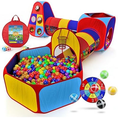 Playz 5pc Kids' Play Tents & Tunnels - Ball Pit for Toddlers, Basketball Hoop, Crawling Tubes, Pop-Up Playhouses, Baby Obstacle Course for Indoor or Outdoor Use