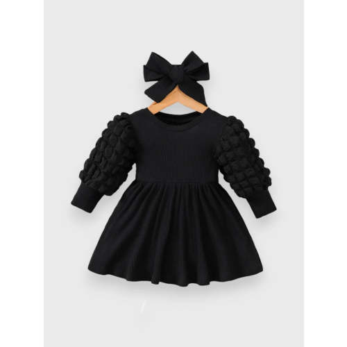 2 Pc Baby Girl Textured Puff Sleeve Dress