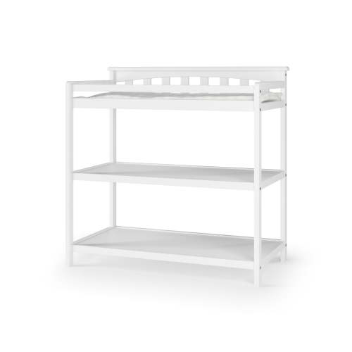 Child Craft Flat Top Changing Table with Pad & Strap, 2 Storage Shelves, Anti-Tip Kit, Matte White