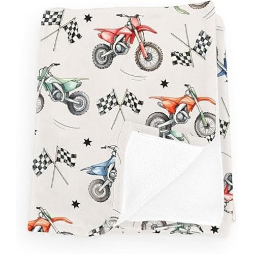 Vintage Motor Dirt Bike Baby Blankets for Boy Girl Cute Race Bikes Plaid Checker Flag Stars Flannel Blanket Fluffy Blanket for Baby Newborn Infant Toddler Kid Crib Bedding Bike 30x40inch