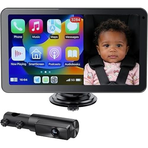 Baby Car Camera with 7" IPS Touchscreen, CarPlay & Android Auto Compatible, 1080P AHD Baby Car Monitor, IR Night Vision,360° Rotation Live Rear-Seat View, Alternative to Rear-Facing Baby Mirrors