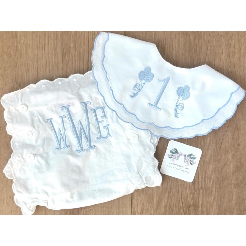 Custom Heirloom Scalloped Baby Boy Ruffle Baby Bloomers Diaper Cover , Bib and High Chair Banner, First Birthday