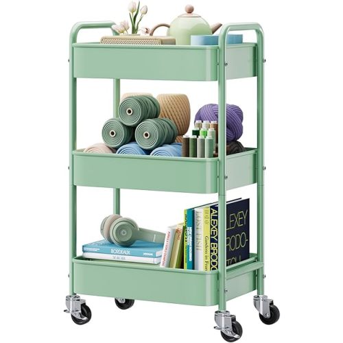 3 Tier Rolling Storage Cart on Wheels, Metal Trolley Utility Cart with Wheels, Easy Assembly Organizer Storage Cart for Craft, Snack, Book, Kitchen, Bathroom,Office,Teacher Supplies, Bedroom (Green)