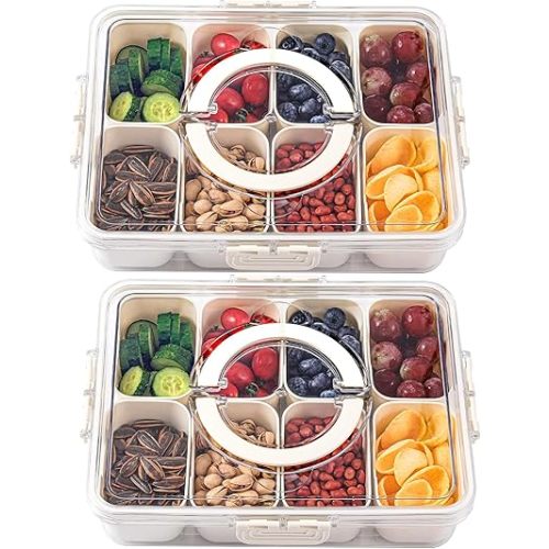 shopwithgreen 2Pcs Divided Serving Tray with Lid and Handle, Portable Snackle Box Snack Containers for Charcuterie, Party, Veggies, Snack, Fruit, Nuts, Candy, Chip, Entertaining, Picnic