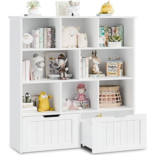 Toy Storage Organizer, Kids Bookshelf and Toy Storage with 2 Movable Drawers, Toy Chest Shelf Organizer with Hidden Wheels and 8 Storage Cubbies, Multifunctional Toy Organizer for Playroom, White