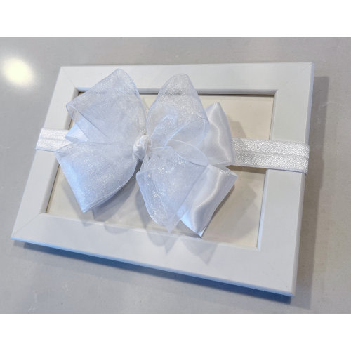 Satin White 4” double layer bow on white headband, satin and sheer ribbon