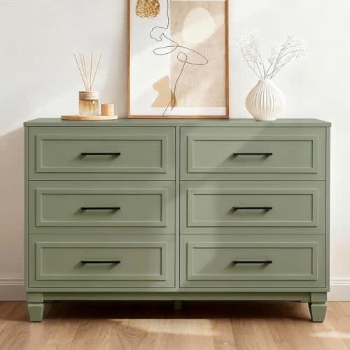 6 Drawer Dresser for Bedroom, Farmhouse Wood Wide Chest Kid Dresser, Green | Modern Storage Dresser with Solid Wood Legs for Clothes, Closet, Living Room