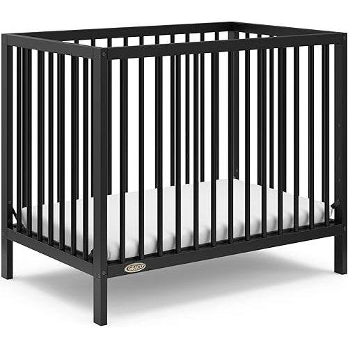 Graco Teddi 4-in-1 Convertible Mini Crib with Bonus Water-Resistant Mattress (Black) – GREENGUARD Gold Certified, 2.75-Inch Mattress Included, Convenient Size, Easy 30-Minute Assembly
