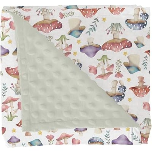 Fairytale Mushroom Baby Blankets for Girl Boy Colorful Mushrooms Floral Leaves Soft Mink Dotted Backing Double Layer Swaddle Blanket Magical Plant Bed Throws for Newborn Toddler Crib 30x40