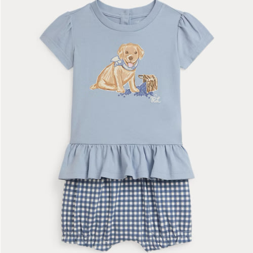 Dog-Print Cotton Tee & Gingham Bloomer